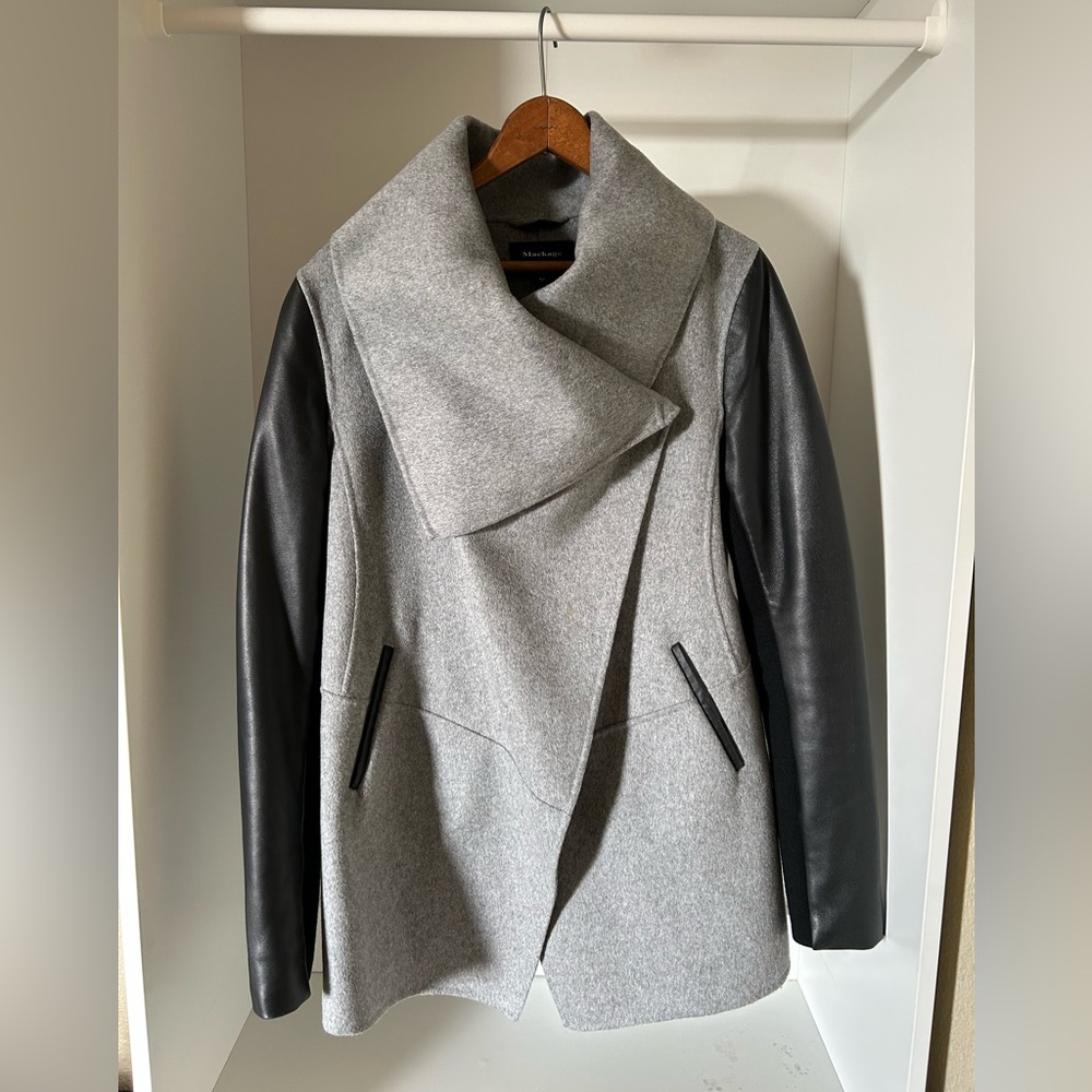 Mackage Gray Wool Cashmere blend and Black Leather Women's Coat